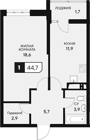 Планировка однокомнатная 44.7 м² в ЖК «18/3», корпус 1