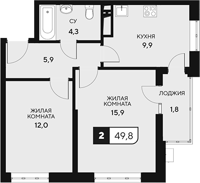 Планировка двухкомнатная 49.8 м² в ЖК «18/3», корпус 3