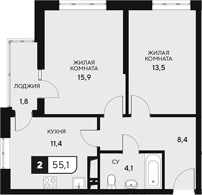 Планировка двухкомнатная 55.1 м² в ЖК «18/3», корпус 3