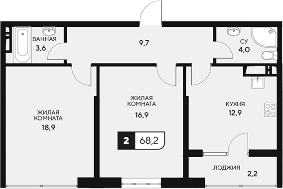 Планировка двухкомнатная 68.2 м² в ЖК «18/3», корпус 1