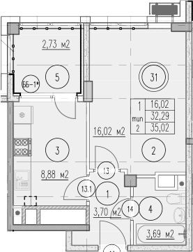 Планировка однокомнатная 35.02 м² в ЖК «Agoy Park Residence by Lavicon», корпус Г