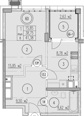 Планировка однокомнатная 41.38 м² в ЖК «Agoy Park Residence by Lavicon», корпус Г