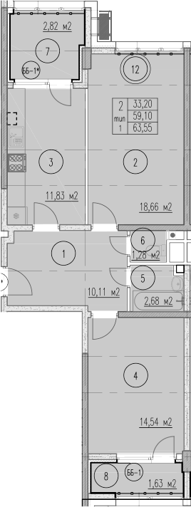 Планировка двухкомнатная 63.55 м² в ЖК «Agoy Park Residence by Lavicon», корпус Б