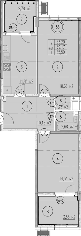 Планировка двухкомнатная 65.5 м² в ЖК «Agoy Park Residence by Lavicon», корпус Б