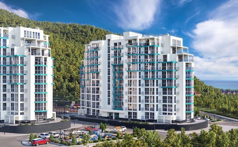 Agoy Park Residence by Lavicon — Двор с детской площадкой, парковкой и озеленением у подножия