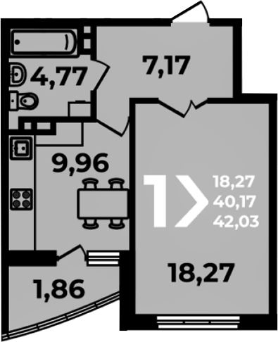 Планировка однокомнатная 42.03 м² в ЖК «Аксиома», корпус 2