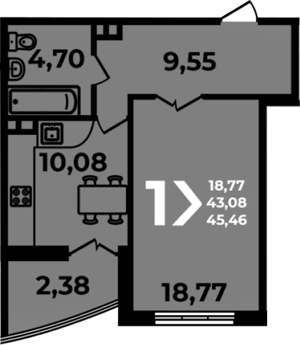 Планировка однокомнатная 45.46 м² в ЖК «Аксиома», корпус 2