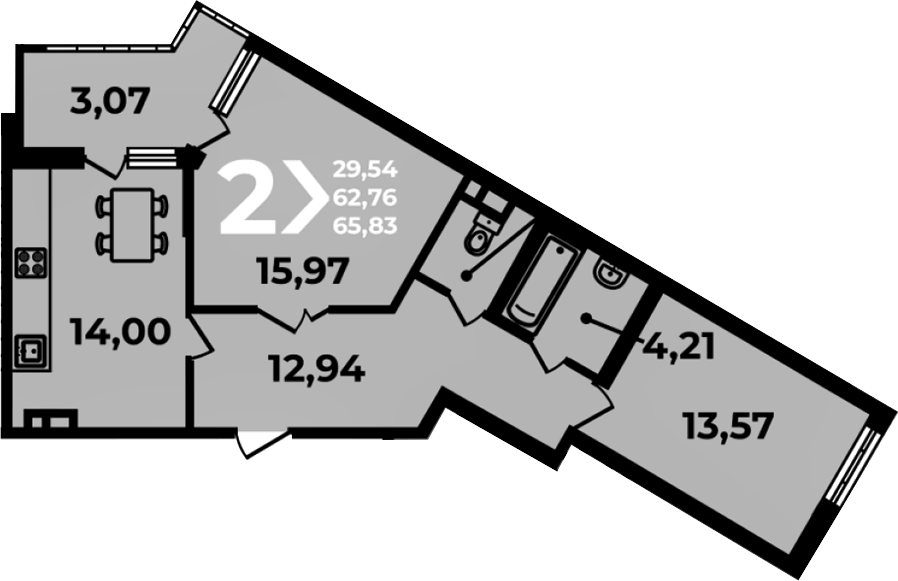 Планировка двухкомнатная 65.83 м² в ЖК «Аксиома», корпус 2