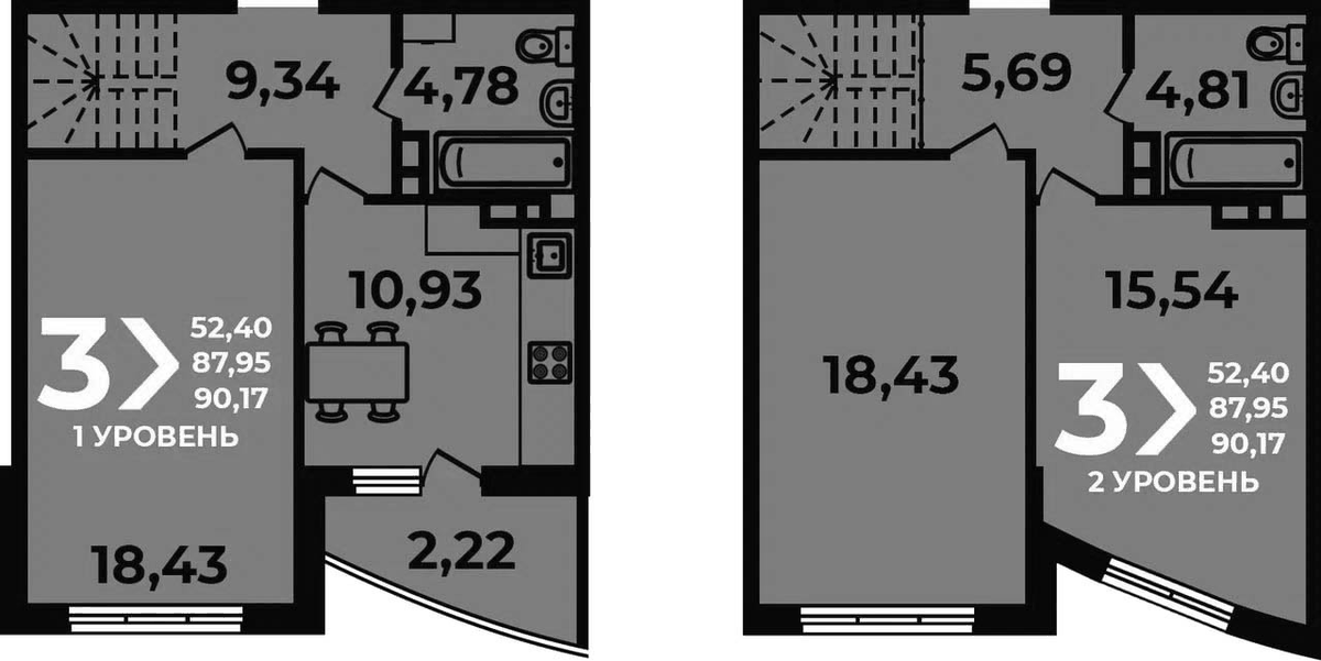 Планировка трёхкомнатная 90.17 м² в ЖК «Аксиома», корпус 2