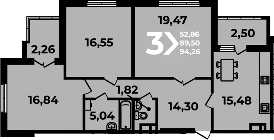 Планировка евро-4 (4Е) 94.26 м² в ЖК «Аксиома», корпус 2