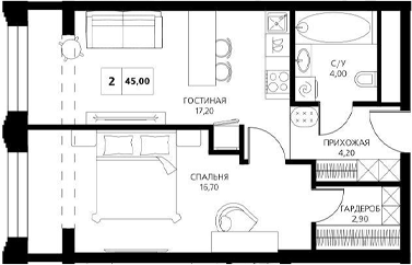 Планировка евродвушка (2Е) 46.3 м² в ЖК «АКСИС Центр», корпус 1