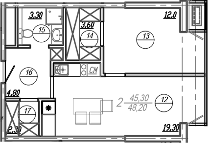Планировка евродвушка (2Е) 46.8 м² в ЖК «АКСИС Центр», корпус 1