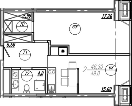Планировка евродвушка (2Е) 47.3 м² в ЖК «АКСИС Центр», корпус 1