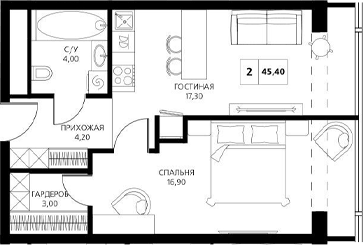 Планировка евродвушка (2Е) 47.4 м² в ЖК «АКСИС Центр», корпус 1