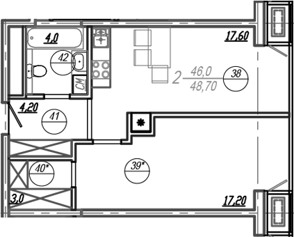 Планировка евродвушка (2Е) 47 м² в ЖК «АКСИС Центр», корпус 1