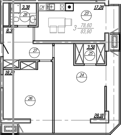 Планировка евротрёшка (3Е) 80.5 м² в ЖК «АКСИС Центр», корпус 1