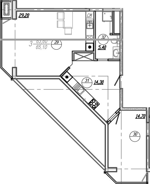 Планировка евротрёшка (3Е) 82.2 м² в ЖК «АКСИС Центр», корпус 1