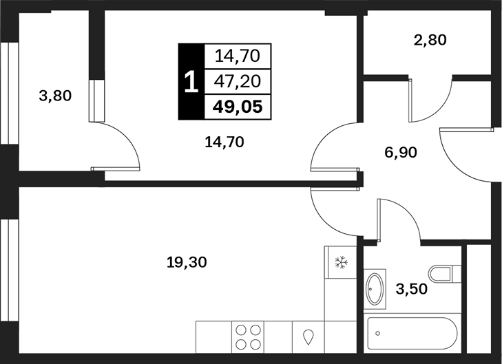 Планировка однокомнатная 49.05 м² в ЖК «Аксис Патриот», корпус 1