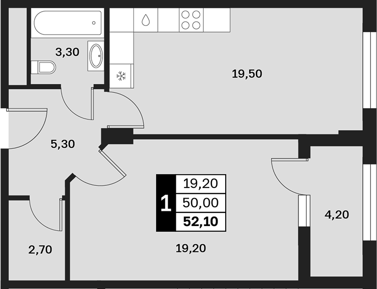 Планировка однокомнатная 52.1 м² в ЖК «Аксис Патриот», корпус 3