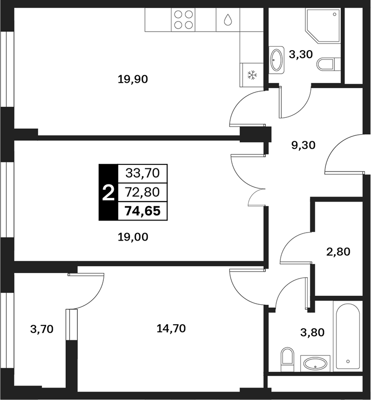 Планировка двухкомнатная 74.65 м² в ЖК «Аксис Патриот», корпус 3