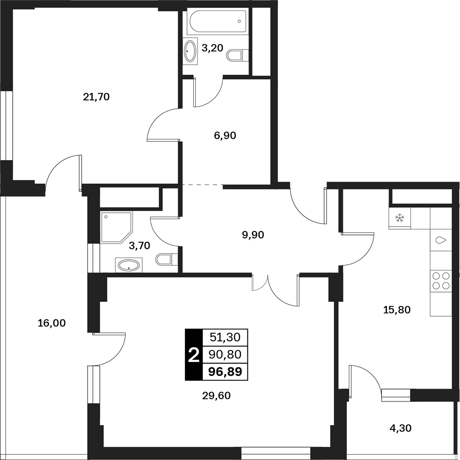 Планировка двухкомнатная 96.89 м² в ЖК «Аксис Патриот», корпус 2