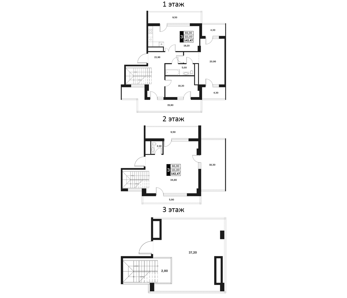 Планировка трёхкомнатная 142.47 м² в ЖК «Аксис Патриот», корпус 1