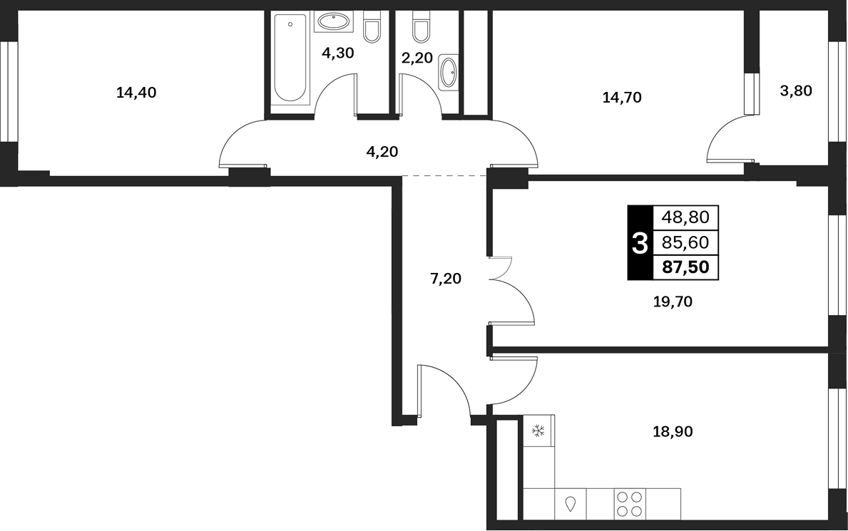 Планировка трёхкомнатная 87.5 м² в ЖК «Аксис Патриот», корпус 2