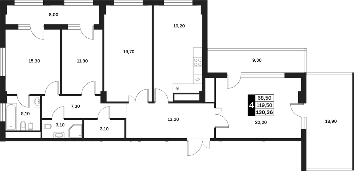 Планировка четырёхкомнатная 130.36 м² в ЖК «Аксис Патриот», корпус 1