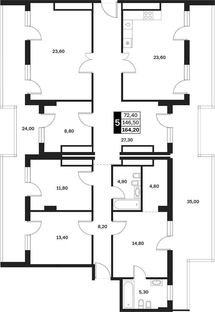 Планировка пятикомнатная 164.2 м² в ЖК «Аксис Патриот», корпус 1