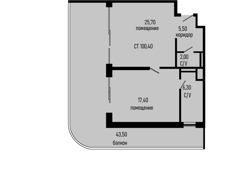 Планировка однокомнатная 98.35 м² в ЖК «Курортный отель Алеан Селект Агой», корпус 1