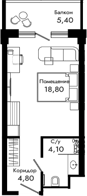 Планировка Студии 33.1 м² в ЖК «Курортный отель Алеан Селект Агой», корпус 5