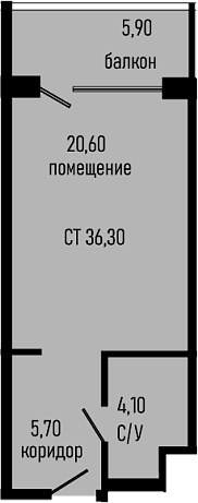 Планировка Студии 36.3 м² в ЖК «Курортный отель Алеан Селект Агой», корпус 2