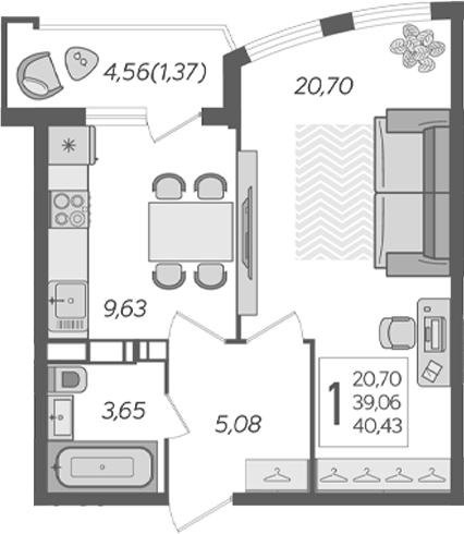 Планировка однокомнатная 43.13 м² в ЖК «Альфа. АСК», корпус 2
