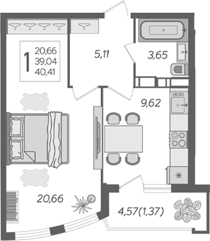 Планировка однокомнатная 43.35 м² в ЖК «Альфа. АСК», корпус 2