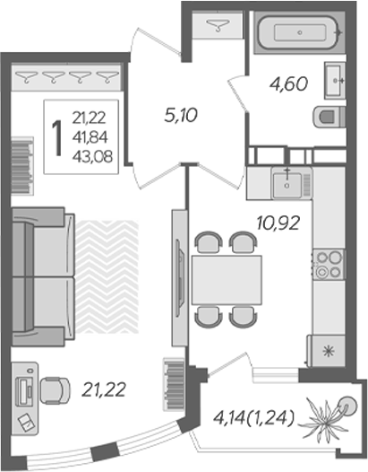 Планировка однокомнатная 45.71 м² в ЖК «Альфа. АСК», корпус 2