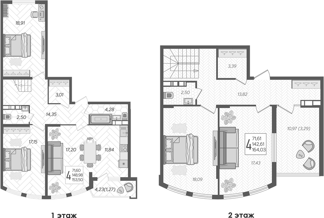Планировка четырёхкомнатная 164.03 м² в ЖК «Альфа. АСК», корпус 2