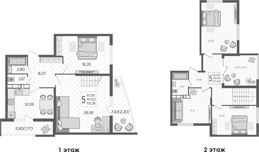 Планировка пятикомнатная 173.42 м² в ЖК «Альфа. АСК», корпус 2