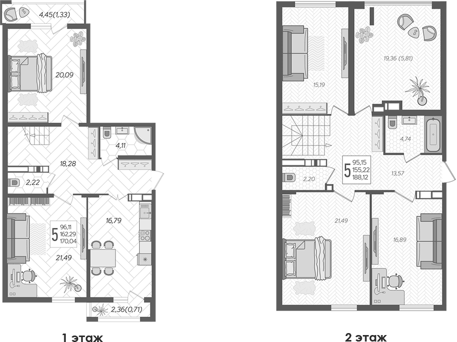 Планировка пятикомнатная 188.12 м² в ЖК «Альфа. АСК», корпус 2