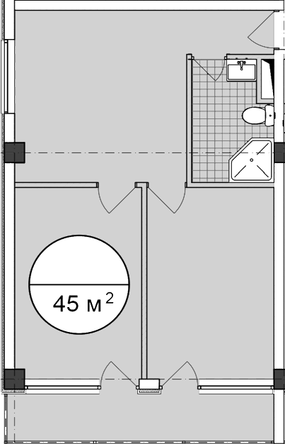 Планировка однокомнатная 45 м² в ЖК «Апартаментный комплекс Поляна парк», корпус 2