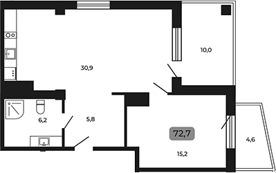 Планировка однокомнатная 72.7 м² в ЖК «Апарт-отель Мореоль», корпус 1