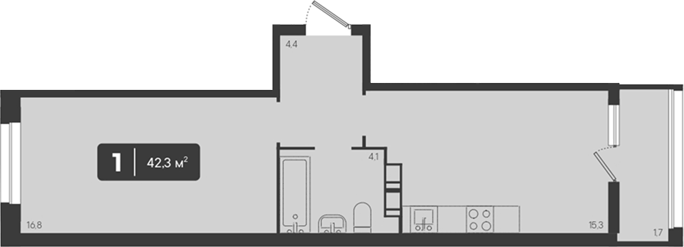 Планировка однокомнатная 42.3 м² в ЖК «Архитектор. ГК ЮгСтройИнвест», корпус 6.2