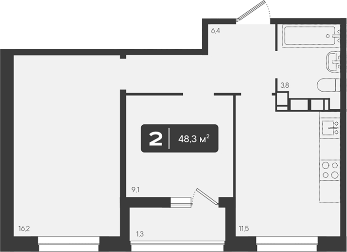 Планировка двухкомнатная 48.3 м² в ЖК «Архитектор. ГК ЮгСтройИнвест», корпус 6.2