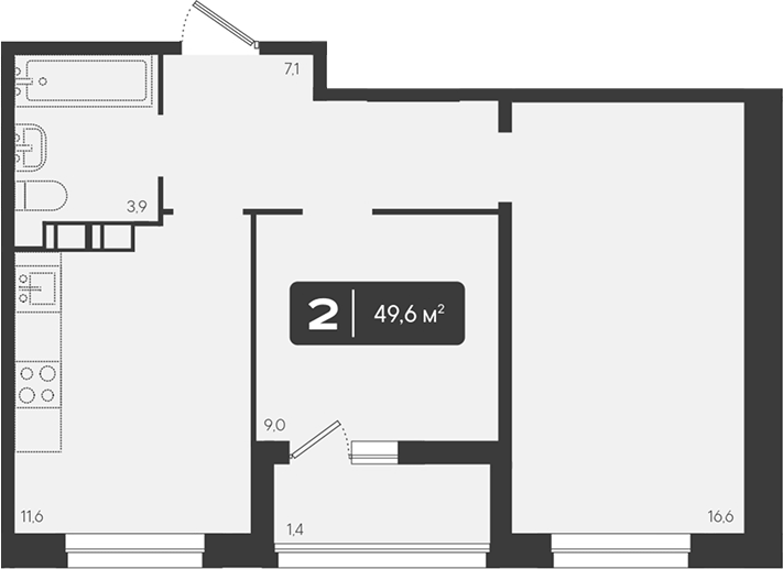Планировка двухкомнатная 49.6 м² в ЖК «Архитектор. ГК ЮгСтройИнвест», корпус 6.1