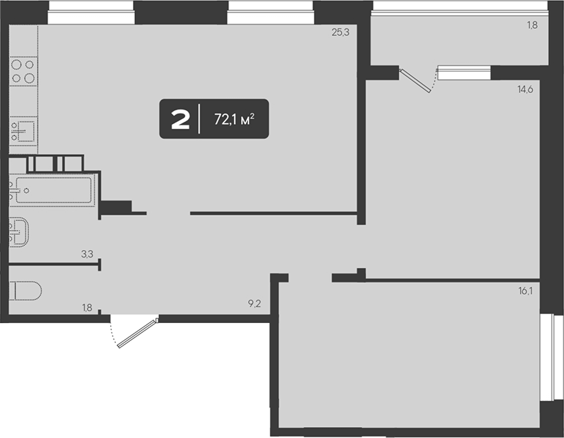 Планировка двухкомнатная 72.1 м² в ЖК «Архитектор. ГК ЮгСтройИнвест», корпус 6.1
