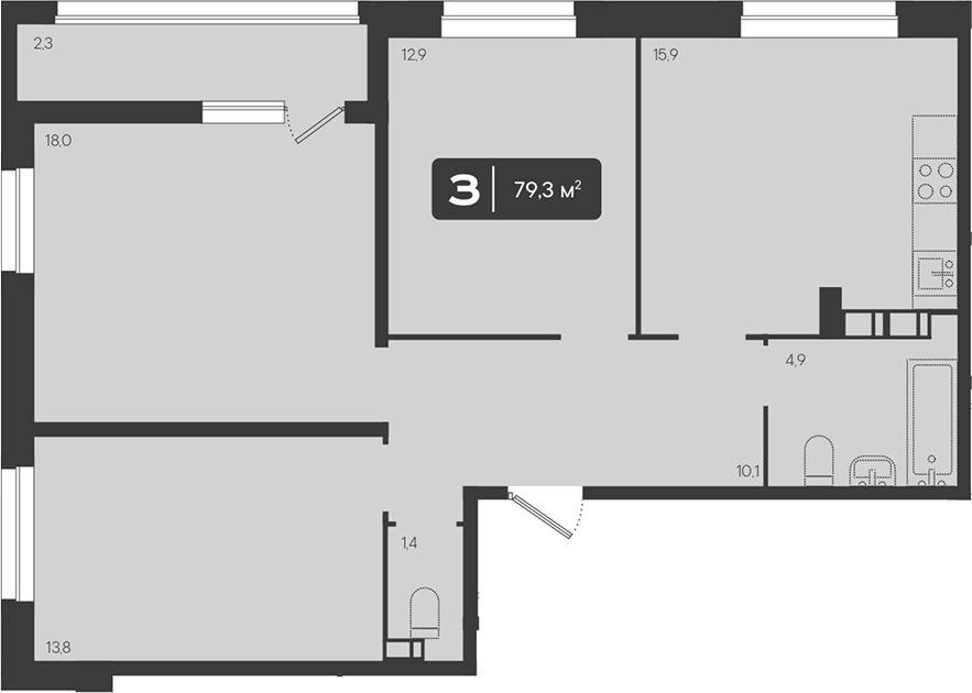 Планировка трёхкомнатная 79.3 м² в ЖК «Архитектор. ГК ЮгСтройИнвест», корпус 6.2