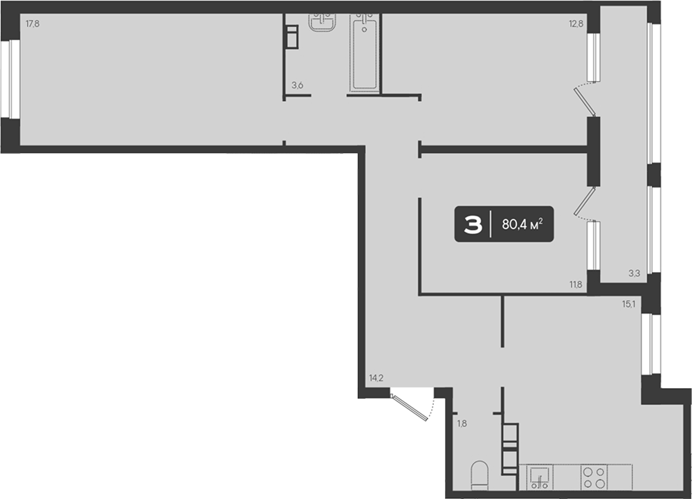 Планировка трёхкомнатная 80.4 м² в ЖК «Архитектор. ГК ЮгСтройИнвест», корпус 6.1