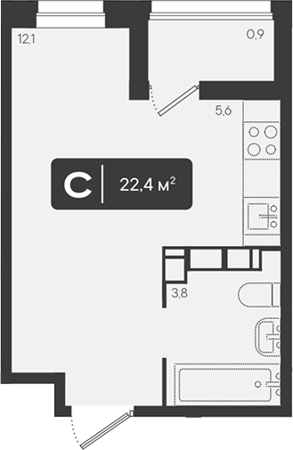 Планировка Студии 22.4 м² в ЖК «Архитектор. ГК ЮгСтройИнвест», корпус 6.1
