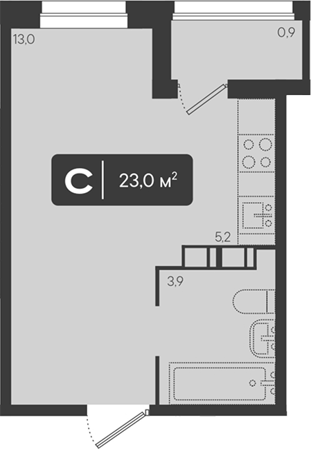 Планировка Студии 23 м² в ЖК «Архитектор. ГК ЮгСтройИнвест», корпус 6.2