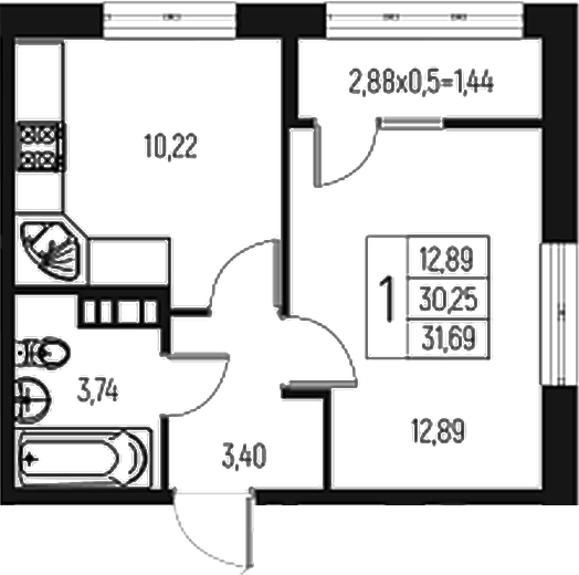 Планировка однокомнатная 31.69 м² в ЖК «Атаманский Сад», корпус 1