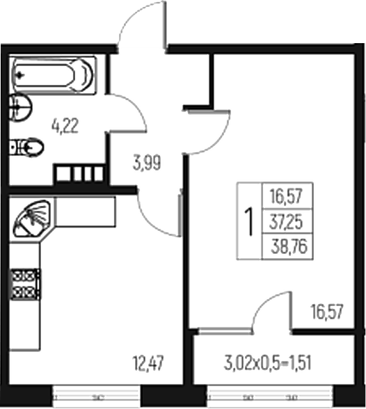 Планировка однокомнатная 38.76 м² в ЖК «Атаманский Сад», корпус 1